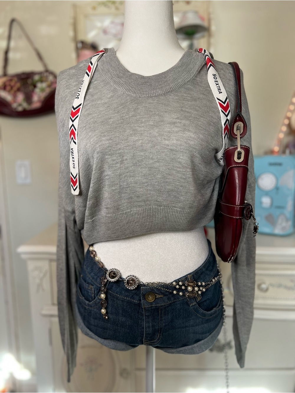 H&M Gray Cropped Long-Sleeve Knit Top with Ribbon Shoulder Ties
